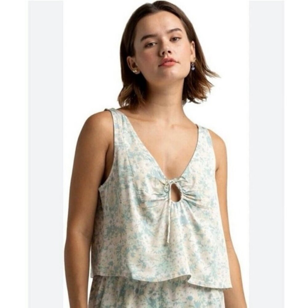 RVCA Tide Up Floral Tank Top Blue Yellow Cream Tie Front Boho Surf Style Small